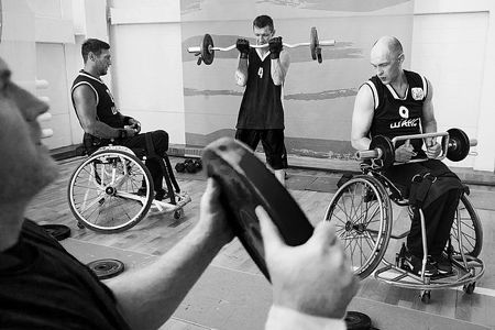 2nd October, 2019. «Shans» team players (Tyumen Region) are warming up before the training. All-Russian wheelchair basketball tournament preparation, 2019. Tyumen Region