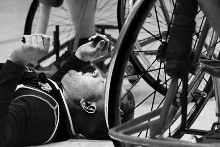 13th October, 2018. «Legion Yugra» team player(KHMAO-Yugra) fell during the game. All-Russian wheelchair basketball tournament 2018, Tyumen.