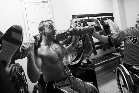 11th October, 2019. «BasKI» wheelchair basketball team players (Saint-Petersburg) in their locker room before the competition. All-Russian wheelchair basketball tournament 2019, Tyumen.